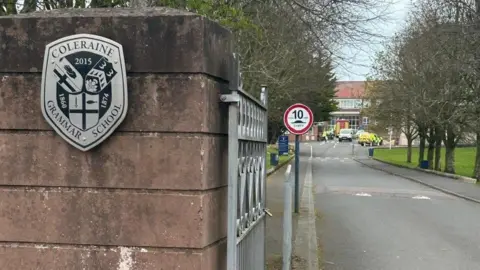 A silver and black school crest adorns a the entrance to a tree-lined lane leading to a school. Attached to the wall is an open gate.