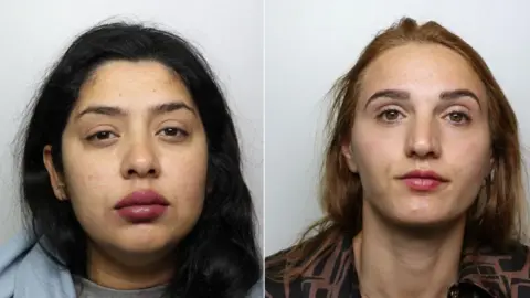 Mugshots of the women mentioned in the story. Simona Dumitru has dark, shoulder length hair and is wearing pink lipstick. Sara Nae has shoulder length brown hair and is wearing pink lipstick. 