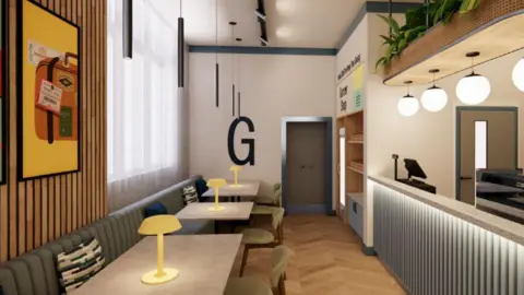 Franklin Ellis Architects The proposed reception at the Majestic Hotel in Barrow. A modern digital design of the interior of a reception at a hotel. It has a large G on the wall and wooden panelling. 