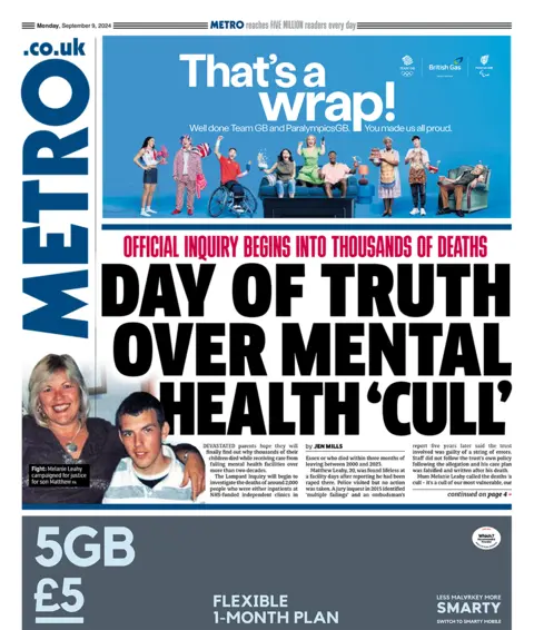 Metro front page headline reads "day of truth over mental health 'cull'"