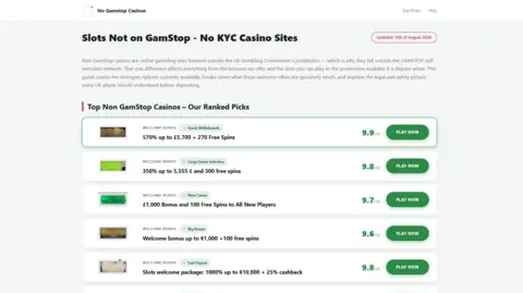 A screen shot of a web page showing a list of "no gamstop casinos"