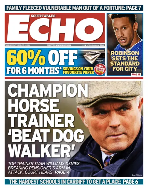 South Wales Echo Front page of the South Wales Echo. The reads 'champion horse trainer beat dog walker'.