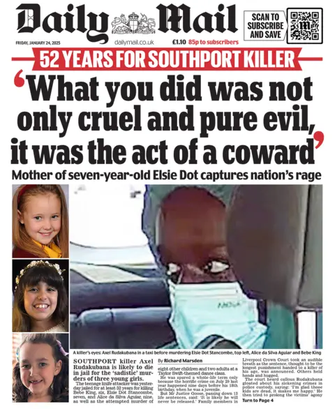 The headline in the Mail reads: "52 years for Southport killer: 'What you did was not only cruel and pure evil, it was the act of a coward'."