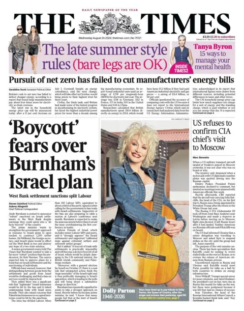 The headline on the front page of the Times reads: "Boycott fears over Burnham's Israel plan." 