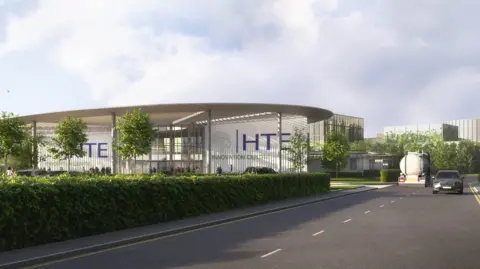 CGI Image showing the reception and innovation centre of a new hydrogen plant. There is lorry and a car driving on a road beside it.