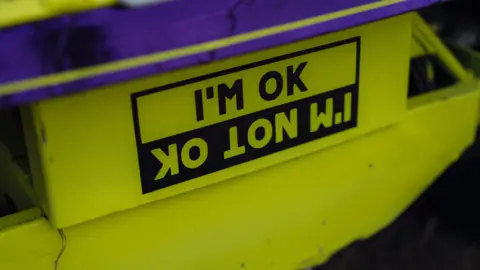 Harry George Hall Sticker detail on bright green car body saying "I'm ok" with upside message reading "I'm not ok"