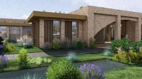 West Northamptonshire Council The entrance of the crematorium, shown in an artist's impression, built in light brick and designed with an archway into the building supported by pillars. The foreground shows shrubs and a small lake.