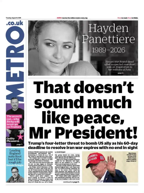 The headline on the front page of the Metro reads: "That doesn't sound much like peace, Mr President!"