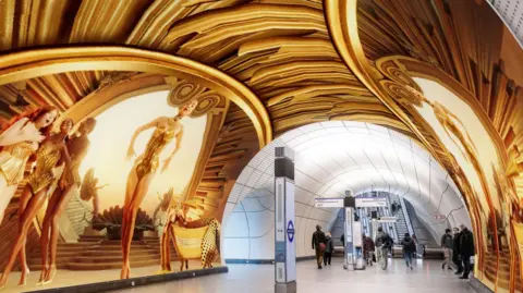 CGI of how a wraparound screen would appear over an Elizabeth line walkway 