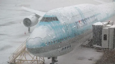 AFP via Getty Images A worker checks a blue snow-covered Korean Air plane parked on the tarmac during snowfall as seen through a window at Incheon international airport, west of Seoul.