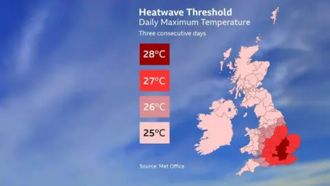 Met Office A graphic showing Ireland and the UK, along with a temperature colour grid