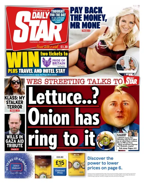  "Lettuce...? Onion has a ring to it". It features next to an animation of Health Secretary Wes Streeting, whose head is shaped as a brown onion.