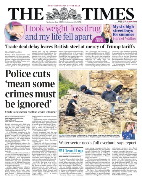 "Police cuts 'mean some crimes must be ignored'" reads the headline on the front page of The Times.
