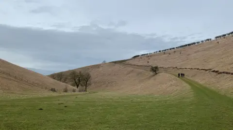 A wide, open landscape with gentle grassy hills under an overcast sky. A narrow green path curves up the right hillside, where three small figures walk in the distance. Sparse trees and a fence line sit along the lower slopes, and the dry, beige grass contrasts with the green foreground.