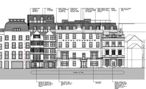 NooKo An architectural elevation plan showing proposed renovations to buildings including the Royal Clarence Hotel. Annotations highlight restored facades, new roofs, timber sash windows, and glazed terrace screens.
