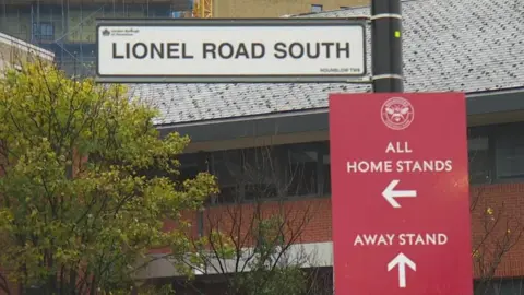 A road sign of Lionel Road South, near Brentford football club. Beneath it is a red sign saying All Home Stands and Away Stand with arrows showing people where to go