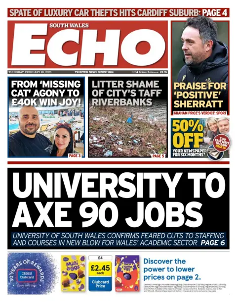 South Wales Echo Front page of South Wales Echo