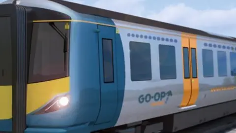 Go-op A yellow and blue train which says 'Go-op' on the side