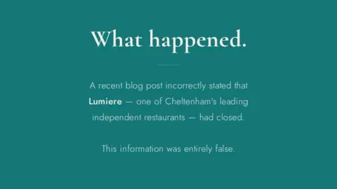 Nook on Five A graphic with a green background and white text. It reads: "What happened. A recent blog post incorrectly stated that Lumiere - one of Cheltenham's leading independent restaurants - had closed. This information was entirely false."