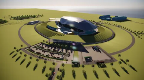 Rolls-Royce An computer generated artists impression of the what the site will look like. A silver building surrounded by green area, trees and a car park which sits in front of it.
