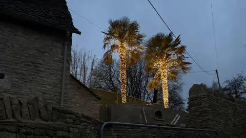 LDRS Two large palm trees, the trunks of which are entirely covered with fairy lights, stick out above a traditional stone wall. The picture is taken at dusk, showing off the brightness of the lights. 