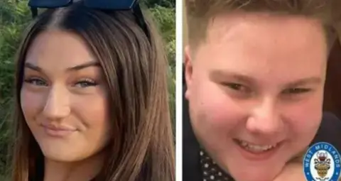 Family/West Midlands Police Two images: on the left, a teenage girl with brown hair and sunglasses pushed up on her head smiles at the camera; on the right a teenage boy grins at the camera with a smile that shows his teeth. A West Midlands Police logo is in the bottom right corner.