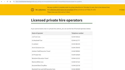 A screenshot from the council's website of "licensed private hire operators", with a list of taxi operators in one column and telephone numbers in a second column. Above them, it says: "If you want to book a taxi or a private hire vehicle, you can use the list of licensed operators below." 