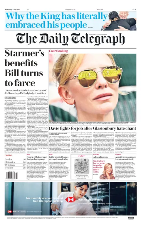 "Starmer's benefits bill turns to farce" reads the headline on the front page of The Daily Telegraph.
