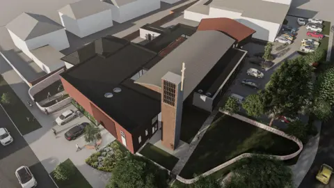 A CGI impression of the new extended church building, from a perspective from a height, showing the new grounds and car parking spaces.