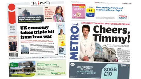 Newspaper headlines: 'UK economy takes triple hit' and 'Cheers, Timmy!'