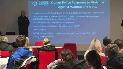 Police officer standing by a powerpoint presentation in front of a room full of people to tackle violence against women.