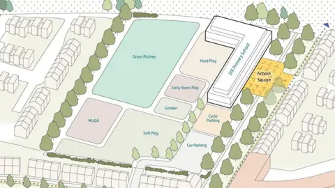 Tendring District Council This map shows the school grounds as they could be built. There are grass pitches, a multi-use games area, soft play facilities, a garden, early years and hard play areas and car and bicycle parking.