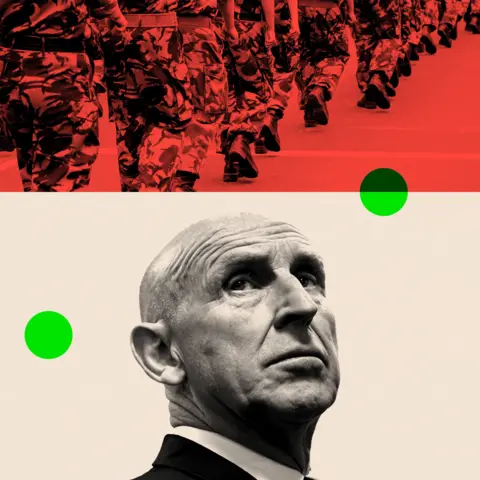 BBC Two treated images of soldiers marching in line and a close up photo of John Healey