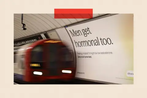 AFP via Getty Images An advert for an at-home test for low testosterone levels in men, is pictured at Liverpool Street Underground station in London 