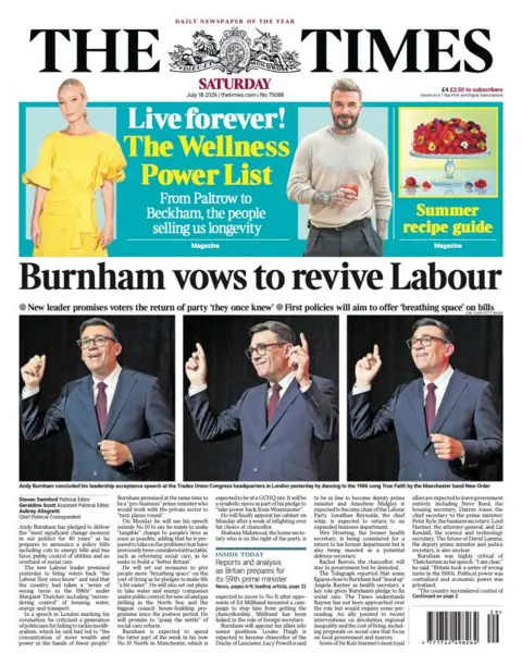 The headline on the front page of the Times reads: 'Burnham vows to revive Labour.'
