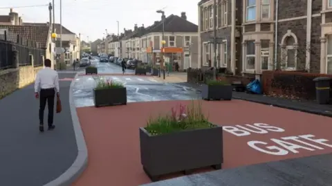 Bristol Town Hall An illustration of flower bed bollards on an old bus door. There is a pedestrian walking away on the sidewalk on the left. Residential houses are shown on the right of the image.