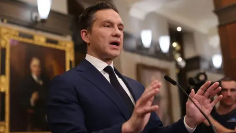 Getty Images Conservative Party leader Pierre Poilievre addresses media during a news conference on Parliament Hill  