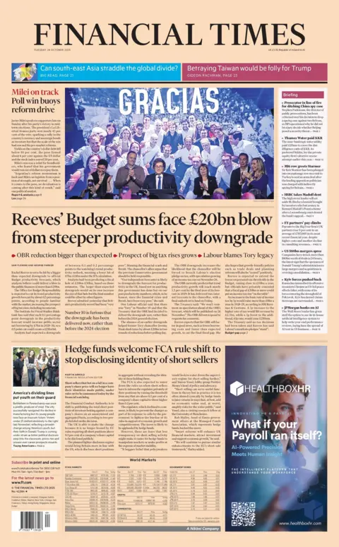 "Reeves' Budget sums face £20bn blow from steeper productivity downgrade" reads the headline on the front page of the Financial Times.
