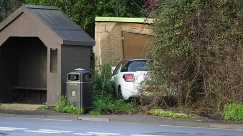 A car crashed into a gas substation in Pagham Road, near Nyetimber. The car is white and can be seen behind bushes and to the right of a bus stop.