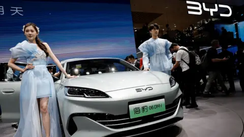 BYD displays its Seal 06 DM-i vehicle at the Beijing International Automotive Exhibition.