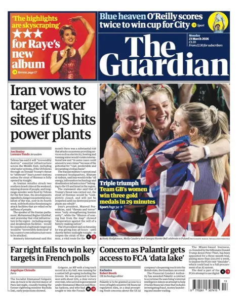 The headline on the front page of the Guardian reads: "Iran vows to target water sites if US hits power plants." 