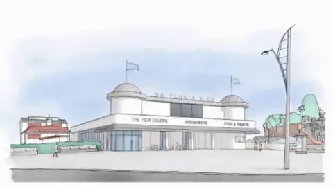 Paul Robinson Partnership Artist's impression of the new facade of the Britannia Pier, showing a modern building with two flagged domes and glass panelling