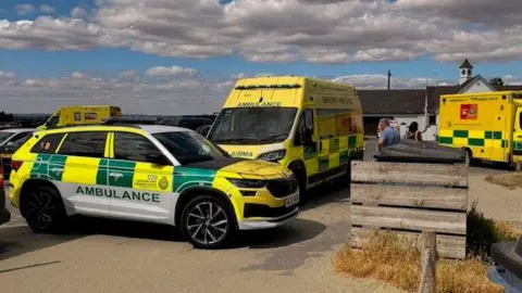 Emergency service vehicles parked on a seafront.