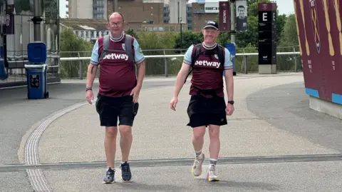 Two men in West Ham shirts walking towards the London Stadium.