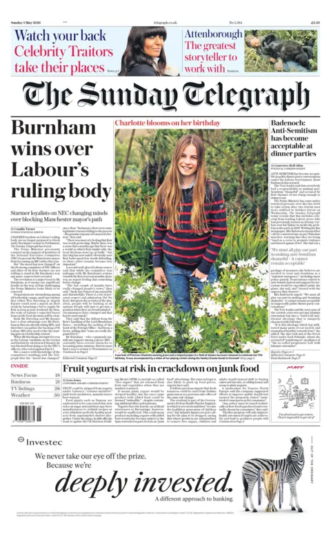 "Burnham wins over Labour's ruling body," reads the headline on the front page of the Sunday Telegraph.