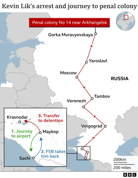 Map showing where Kevin was arrested, questioned and imprisoned