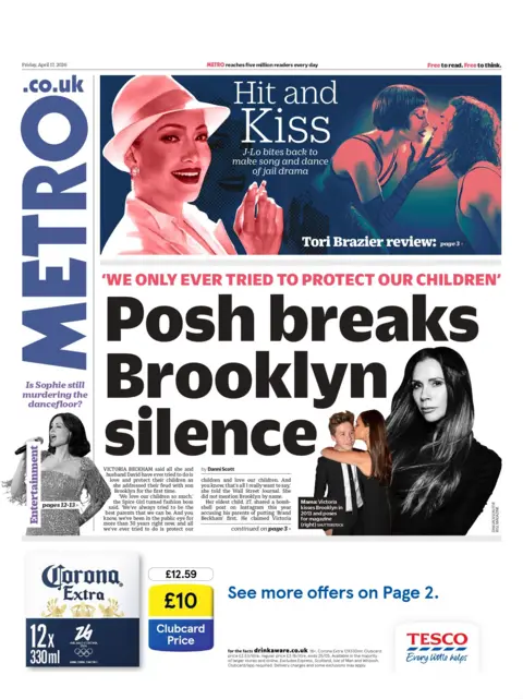"Posh breaks Brooklyn silence," reads the headline on the front page of the Metro.