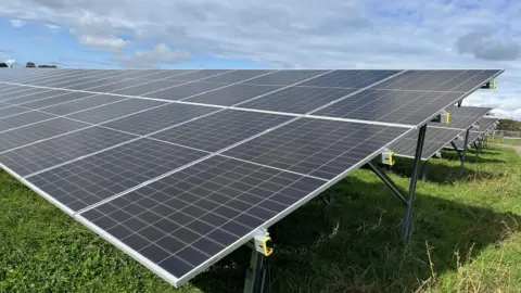 Solar panels in a field under a blue sky with white and grey clouds.