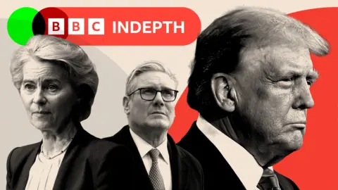 Black and white headshots of European Commission President Ursula von der Leyen, US president Donald Trump and UK Prime Minister Keir Starmer 