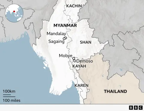 A map of Myanmar showing the various states where fighting is under way.